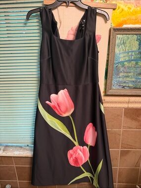 Karl Lagerfeld Black Mini Dress with Pink Tulip Print